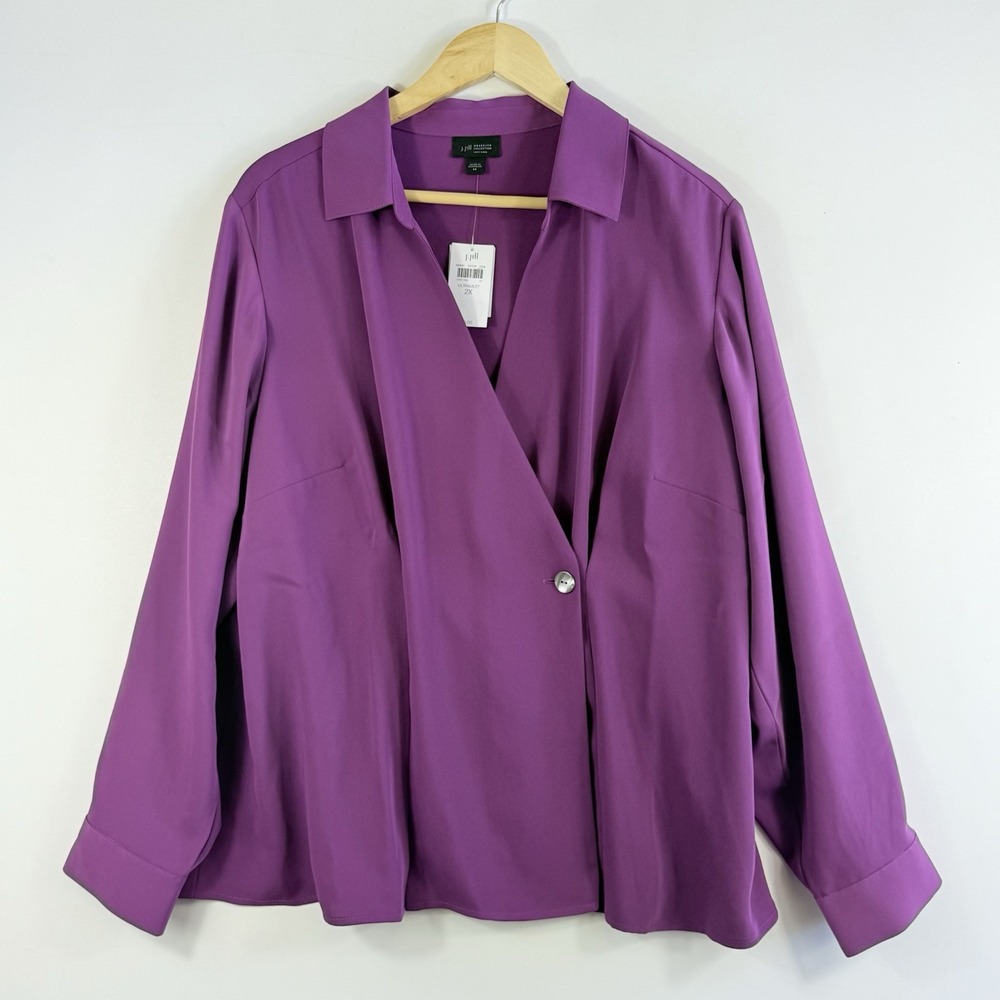 NEW J. Jill Wearever Womens‎ 2X Purple Pleated One Button Wrap Blouse Shirt Top